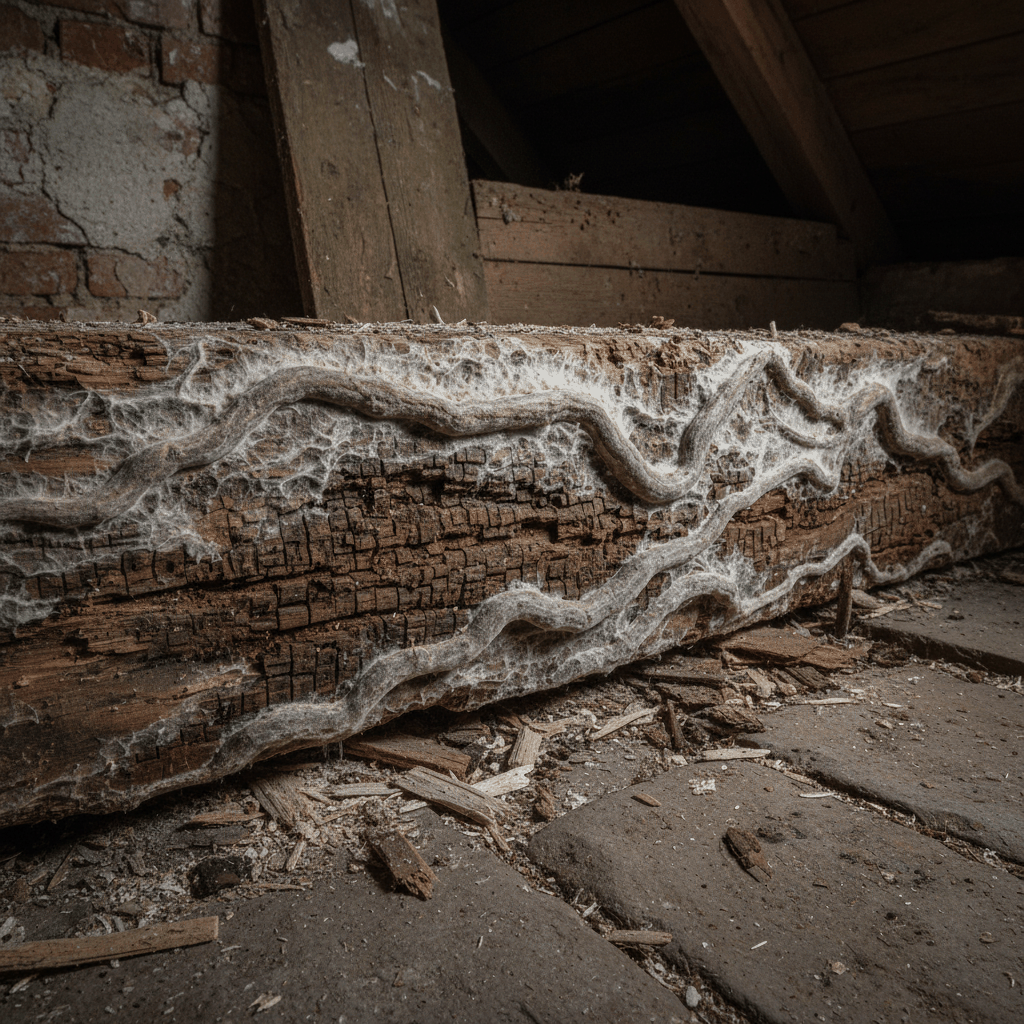 Mérule sur poutre bois gros plan